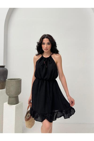 Serica Moda Siyah Boncuk Askı Detaylı Elbise