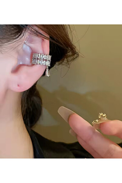AychaAksesuar Çelik Vip Seri Zirkon Sallantılı Taşlı Çift Sıra Geçirmeli Kıkırdak Küpe