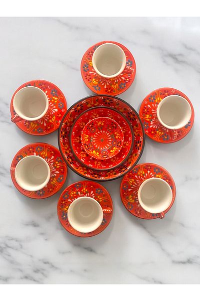 Artistic Quality Decorative 6-Person Stylish Tulip Tile Design Fully Handmade Coffee Cup Set and Snack Bowl-Sauce Bowl