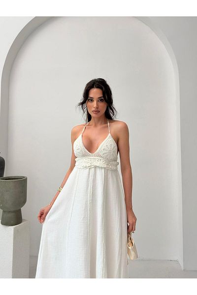 Serica Moda White Lace Detailed Halter Neck Dress