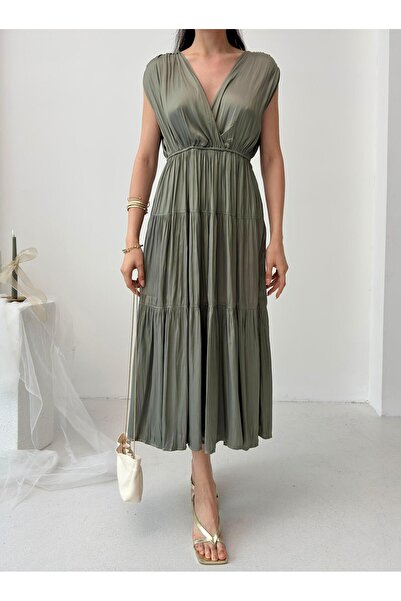 Serica Moda Khaki Double Breasted Ruffle Detailed Sleeveless Midi Dress