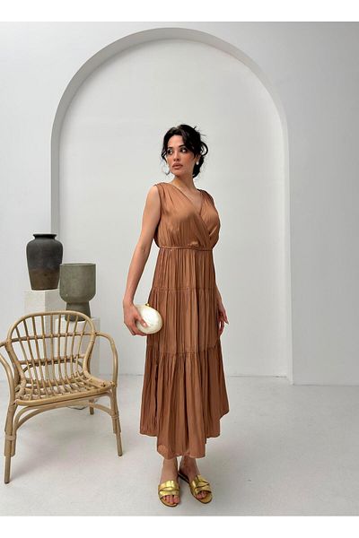 Serica Moda Brown Double Breasted Ruffle Detail Sleeveless Midi Dress