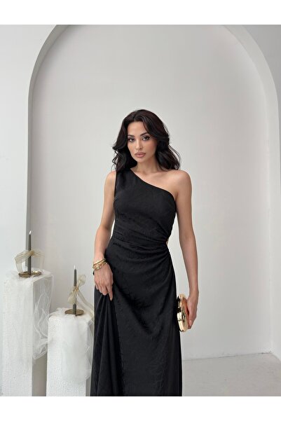 Serica Moda Φόρεμα με μονό ώμο με μαύρο σχέδιο με λεπτομέρεια παραθύρου