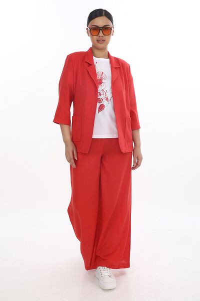 EXİTLİNE Women's Summer Set Wide Leg Red Cotton Linen Pants T-Shirt