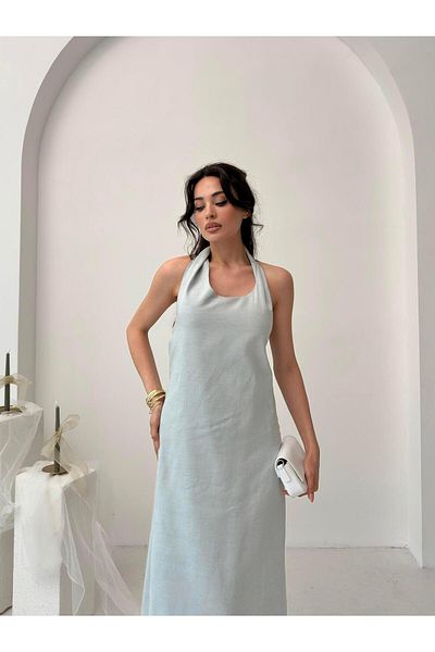Serica Moda Blue Melange Halter Neck Linen Blend Dress