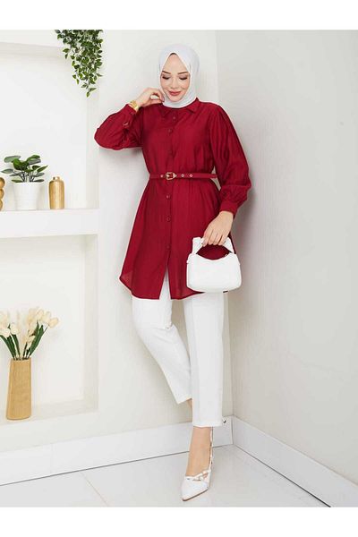 Gc.Butiq Women's Belted Front Buttoned Strawberry Tunic - Shirt