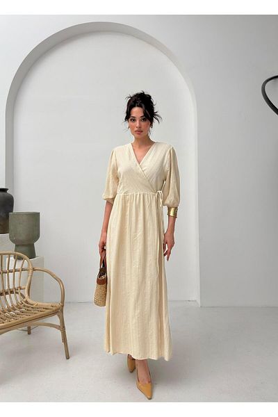 Serica Moda Beige Double Breasted Collar Tie Detailed Muslin Dress