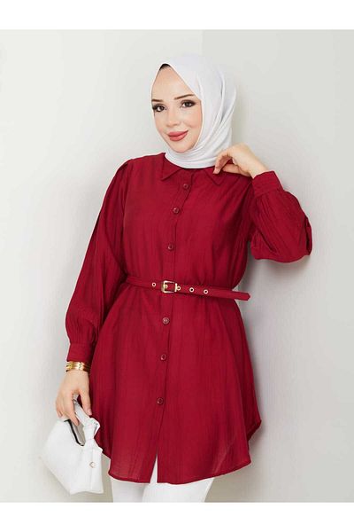 Gc.Butiq Women's Belted Front Buttoned Strawberry Tunic - Shirt