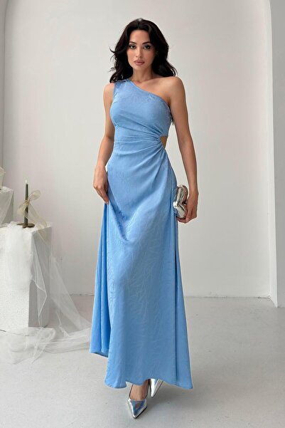 Serica Moda Βρεφικό μπλε μοτίβο φόρεμα με έναν ώμο με λεπτομέρεια παραθύρου