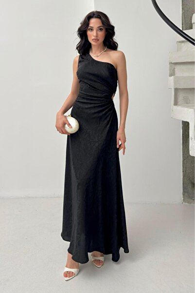 Serica Moda Φόρεμα με μονό ώμο με μαύρο σχέδιο με λεπτομέρεια παραθύρου