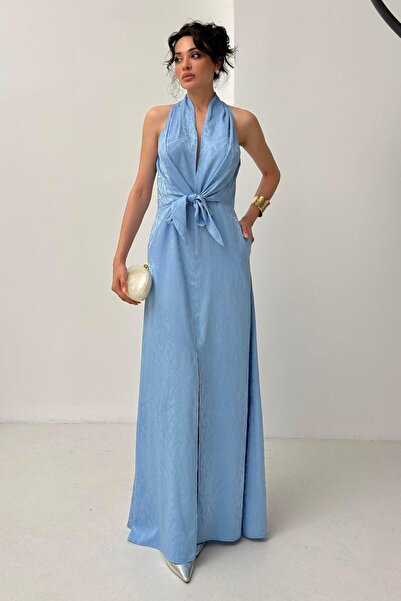 Serica Moda Φόρεμα με μπλε μοτίβο μπροστινό δεμένο μηδενικό μανίκι