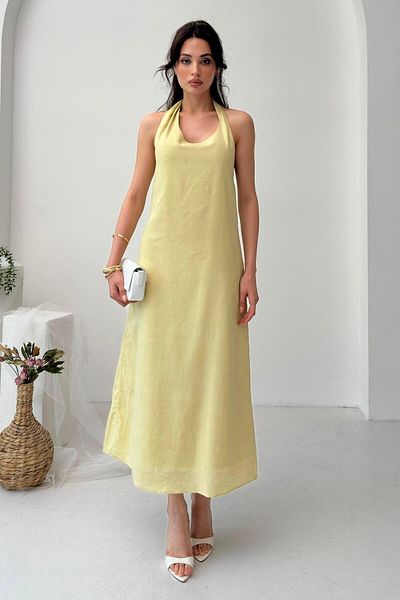 Serica Moda Yellow Melange Halter Neck Linen Blend Dress