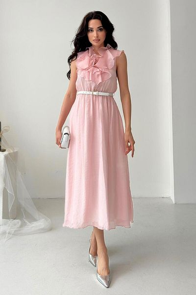 Serica Moda Powder Ruffle Collar Belted Lined Tulle Dress