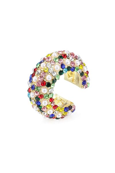 Takıtolia Elix - Multicolored Stone Gold Color Holeless Compression Pearl Stone Gold Design Cartilage Earring
