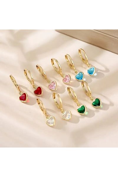 Takıtolia Fioria - Green Zircon Stone Gold Color Romantic Design Heart Figured Gift Daily Stylish Earrings