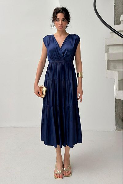 Serica Moda Navy Blue Double Breasted Ruffle Detailed Sleeveless Midi Dress