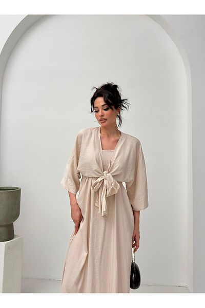 Serica Moda Beige Tie Detail Dress Set