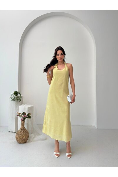 Serica Moda Yellow Melange Halter Neck Linen Blend Dress