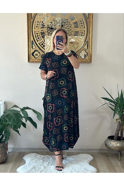 KLEERMAKER Women's Plus Size Viscose Fabric Short Sleeve Floral Print Dress with Pockets
