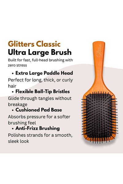 glitters Ultra Large Wood Brush with Nylon Bristles, Cushioned Pad, Wood Brush, Detangler, Ergonomic Handle