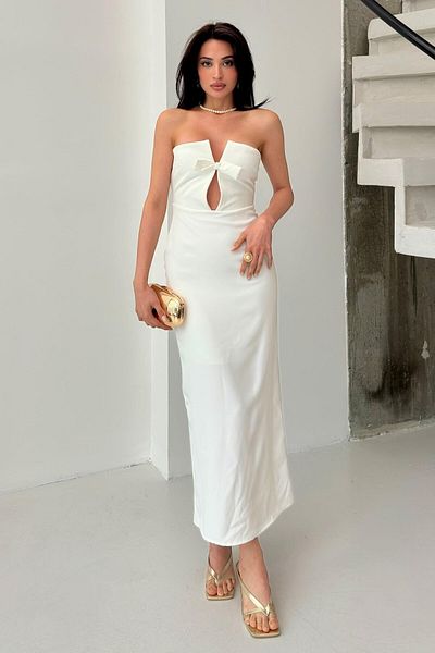Serica Moda White Strapless Bow Detailed Dress
