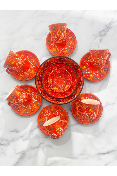 Artistic Quality Decorative 6-Person Stylish Tulip Tile Design Fully Handmade Coffee Cup Set and Snack Bowl-Sauce Bowl