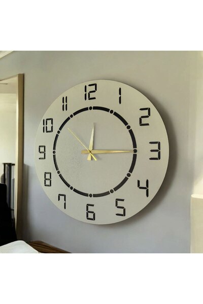 DEKORANLA Siyah Beyaz Desenli Sayılı Ahşap Duvar Saati, 50cm, Şık ve Sessiz T...