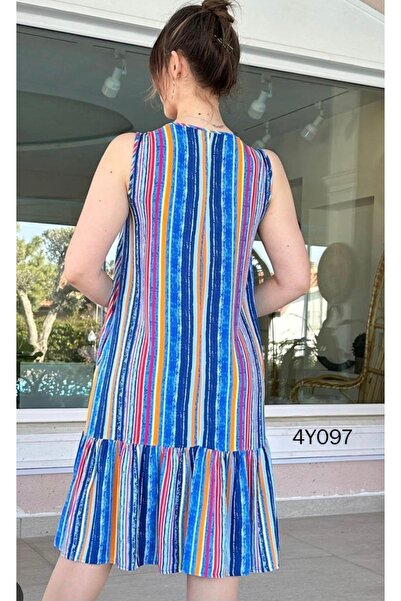 MODA Rahat konforlu çizgili terletmeyen etek ucu fırfırlı kolsuz elbise