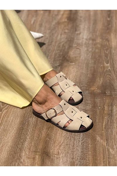 SİBA SHOES Noa Belt Detailed Beige Suede Slippers