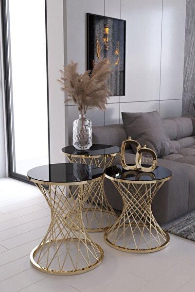 Ekübya Home Pota 3' Lü Sehpa Gold Siyah & Bohem Sehpa & Zigon Sehpa & Orta Se...