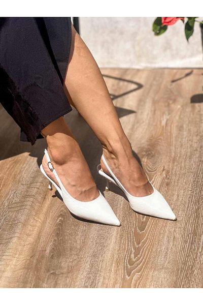 SİBA SHOES Luna Open Back White Pointed Toe Short Thin Heeled Shoes