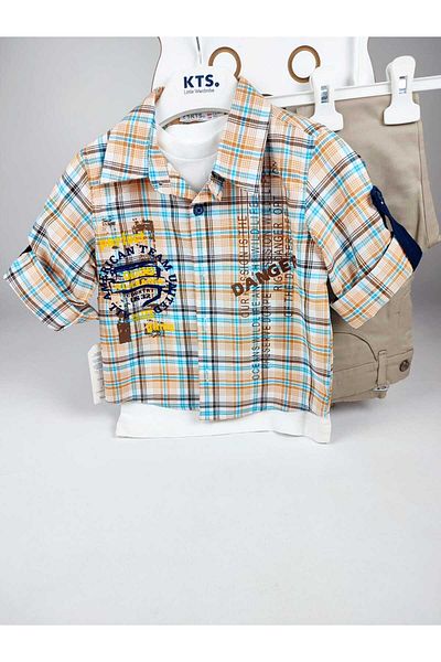 GAMZEAKKUŞ Short Sleeve Printed T-Shirt, Printed, Adjustable Sleeves Shirt and Pants 3-Piece Boy's Set