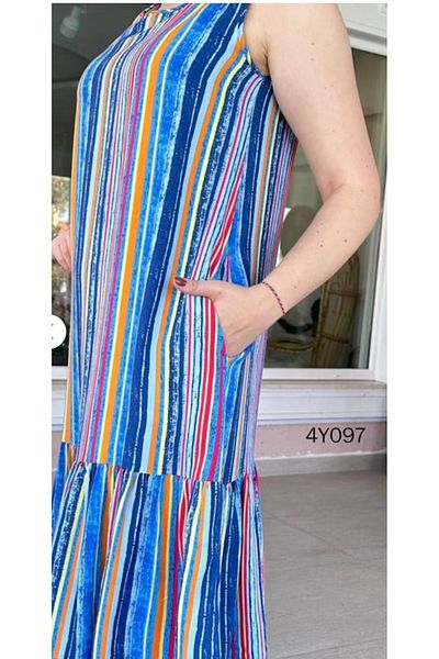 MODA Casual Comfortable Striped Anti-Sweat Hem Ruffle Sleeveless Dress