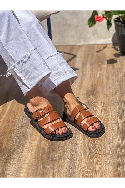 SİBA SHOES Arden Belt and Buckle Detailed Tan Slippers