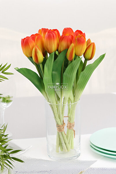 Yapay Çiçek Deposu Gerçek Dokulu Lüx 5 Dallı Tulipa Lale Buketi Turuncu