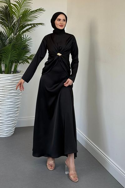 MERVEN AKYÜZ Naree Front Buckle Satin Evening Dress Black
