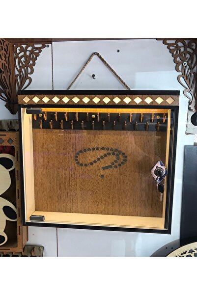 TechUp Desıgner Tesbih dolabı cam kapaklı (şeffaf pleksi) ahşap tesbih standı 25 askılı