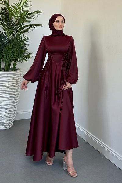 MERVEN AKYÜZ Orya Side Tightening Satin Evening Dress Cherry Rotten
