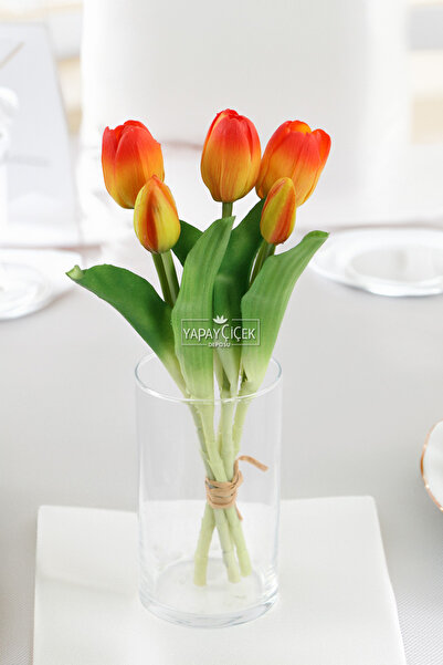 Yapay Çiçek Deposu Gerçek Dokulu Lüx 5 Dallı Tulipa Lale Buketi Turuncu