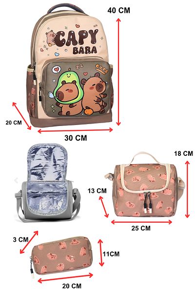 Çantaland 3-Piece Primary School Capybara Printed School Bag with Lunch and Pen Holder for Boys
