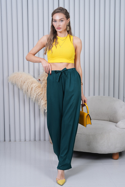 Polologin Butik Pantaloni verzi smarald cu șireturi la talie și picior larg t...