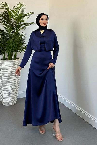 MERVEN AKYÜZ Elizan Buckle Satin Evening Dress Navy Blue