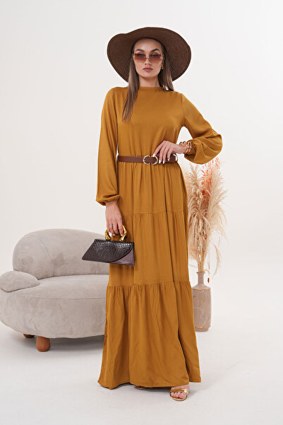 Polologin Butik Μακρύ φόρεμα με λεπτομέρεια στη ζώνη και στρώσεις μουστάρδας