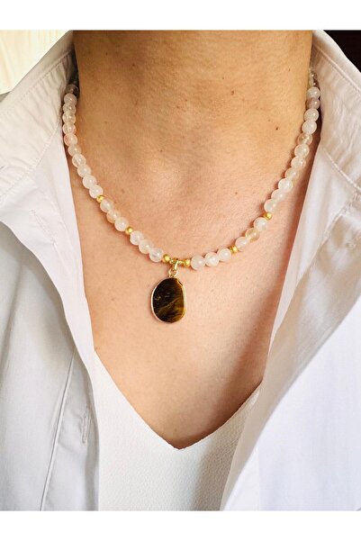 DEVİ fashion Kuvars Doğal Taş Kaplan Gözü Uçlu Kolye 46 cm