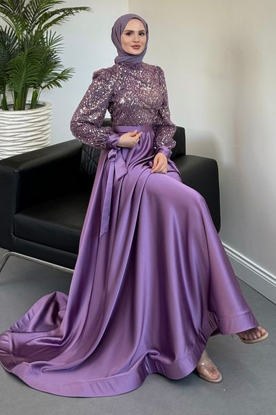 MERVEN AKYÜZ Elena Top Sequined Satin Evening Dress Lilac