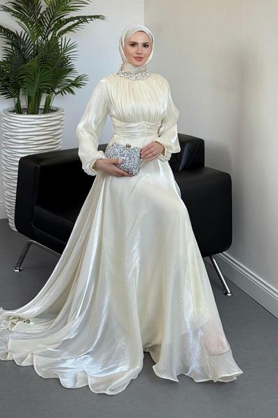 MERVEN AKYÜZ Talya Neckline Stone Evening Dress Ecru