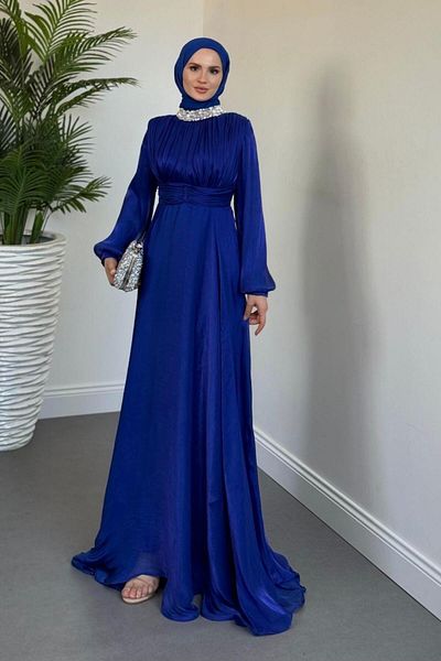 MERVEN AKYÜZ Talya Neck Stone Evening Dress Sax