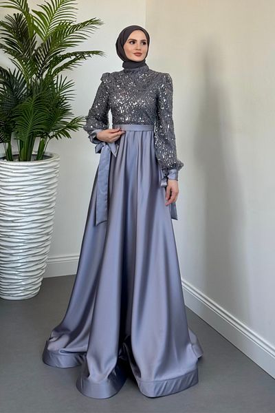 MERVEN AKYÜZ Elena Top Sequined Satin Evening Dress Smoked