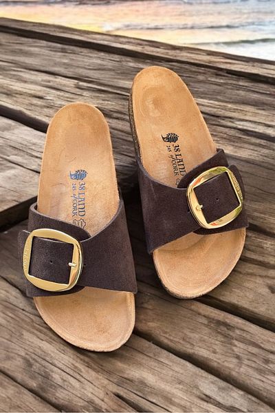 Land of Cork Anatomical Natural Cork Sole Genuine Suede Leather Big Buckle Slippers