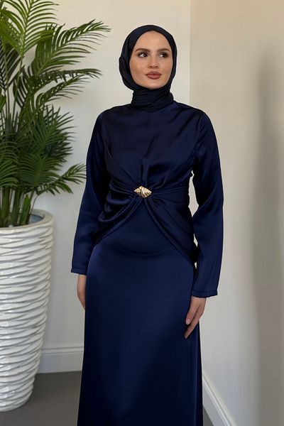 MERVEN AKYÜZ Naree Front Buckle Satin Evening Dress Navy Blue